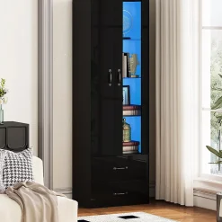 Vitrine éclairée LED avec 2 portes transparentes sur pied, noir