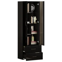 Vitrine éclairée LED avec 2 portes transparentes sur pied, noir
