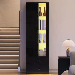 Vitrine éclairée LED avec 2 portes transparentes sur pied, noir