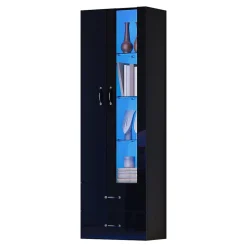 Vitrine éclairée LED avec 2 portes transparentes sur pied, noir