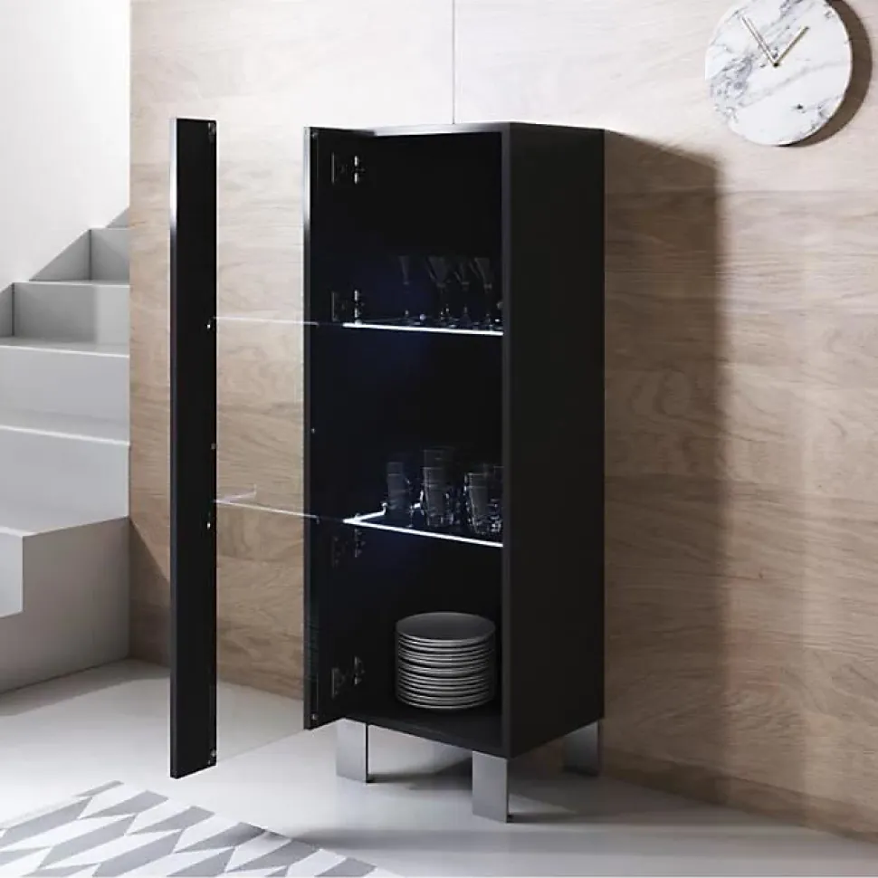 Vitrine contemporaine 1 porte noir mélamine LED - 40x29x126 cm