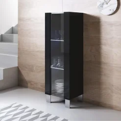 Vitrine contemporaine 1 porte noir mélamine LED - 40x29x126 cm