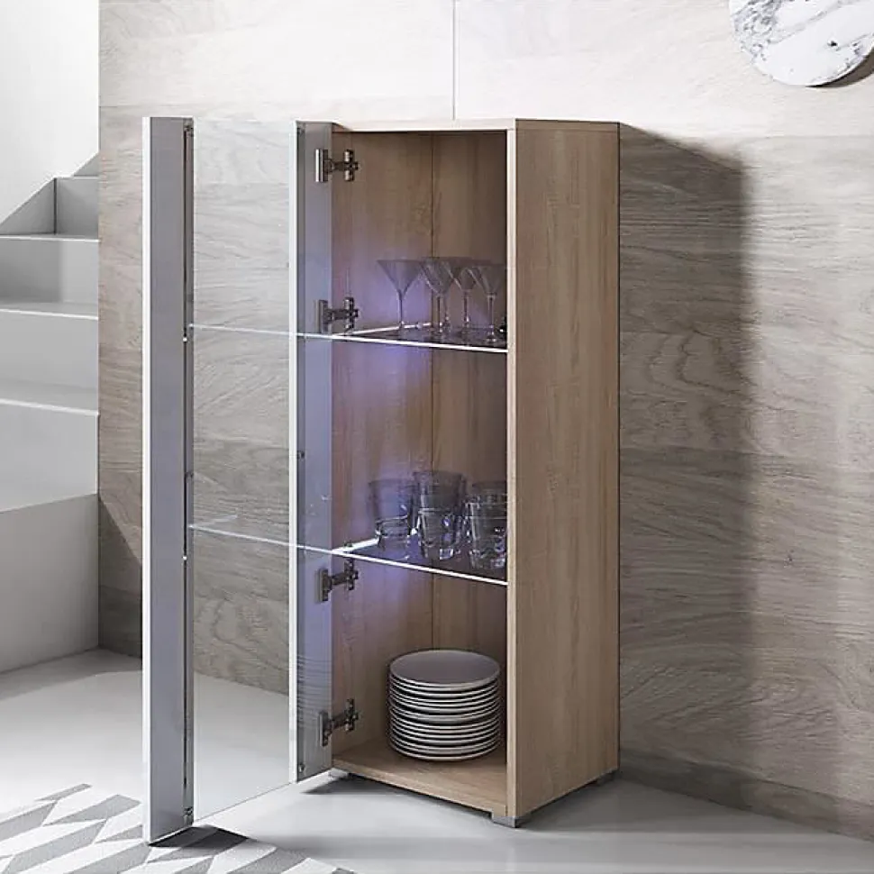 Vitrine contemporaine 1 porte LED - Blanc & Sonoma - Mélamine & verre - 40 x 29 x 128 cm