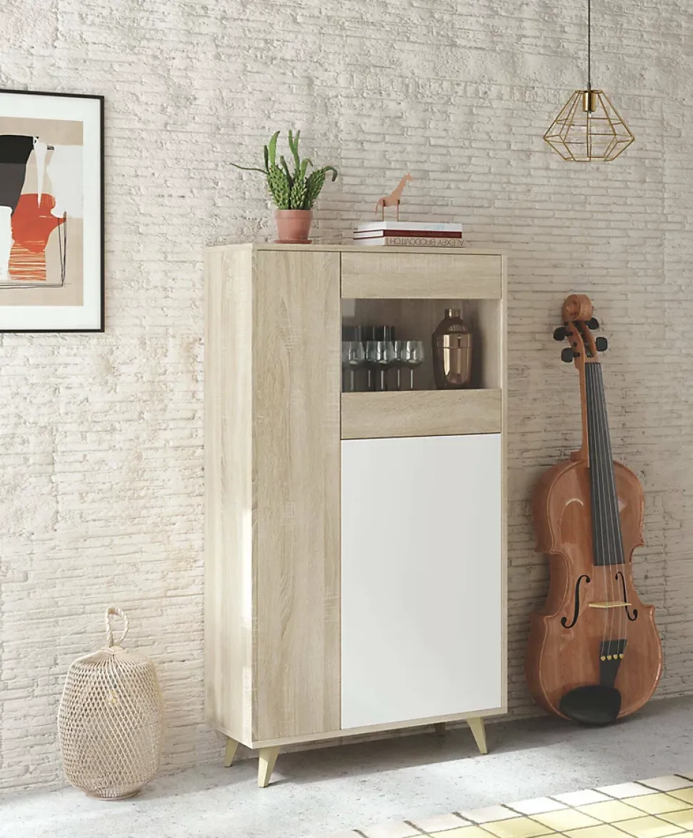 Vitrine Daceved, Vitrine avec 3 portes, Buffet pour salon ou salon, Buffet haut avec Etageres, 77x33h142 cm, Chêne et Blanc