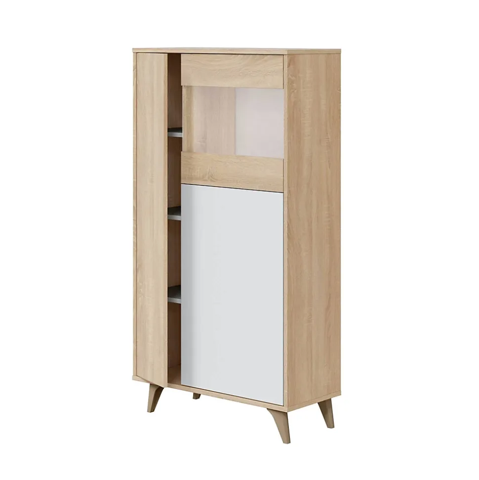 Vitrine Daceved, Vitrine avec 3 portes, Buffet pour salon ou salon, Buffet haut avec Etageres, 77x33h142 cm, Chêne et Blanc