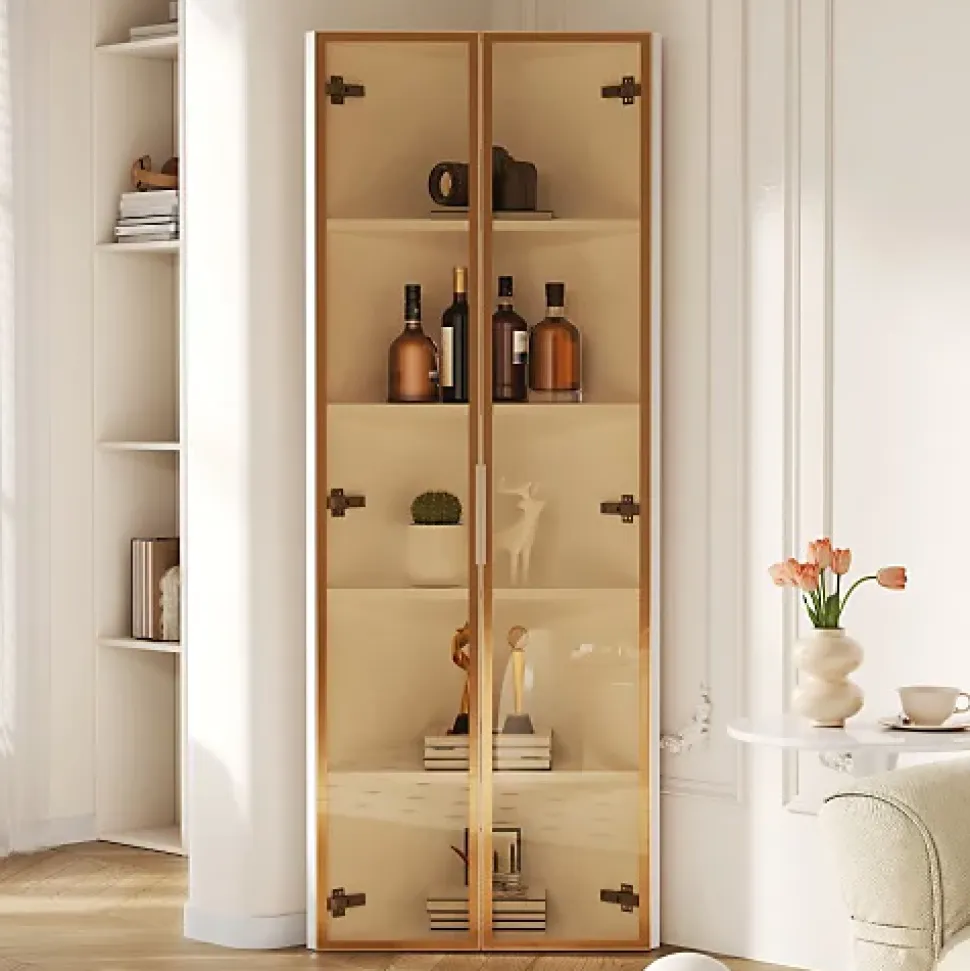 Vitrine d'angle 62x35x160 cm - Avec éclairage LED - 2 portes en verre trempé - Design d'angle - MDF+verre - Blanc