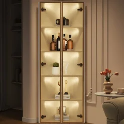 Vitrine d'angle 62x35x160 cm - Avec éclairage LED - 2 portes en verre trempé - Design d'angle - MDF+verre - Blanc