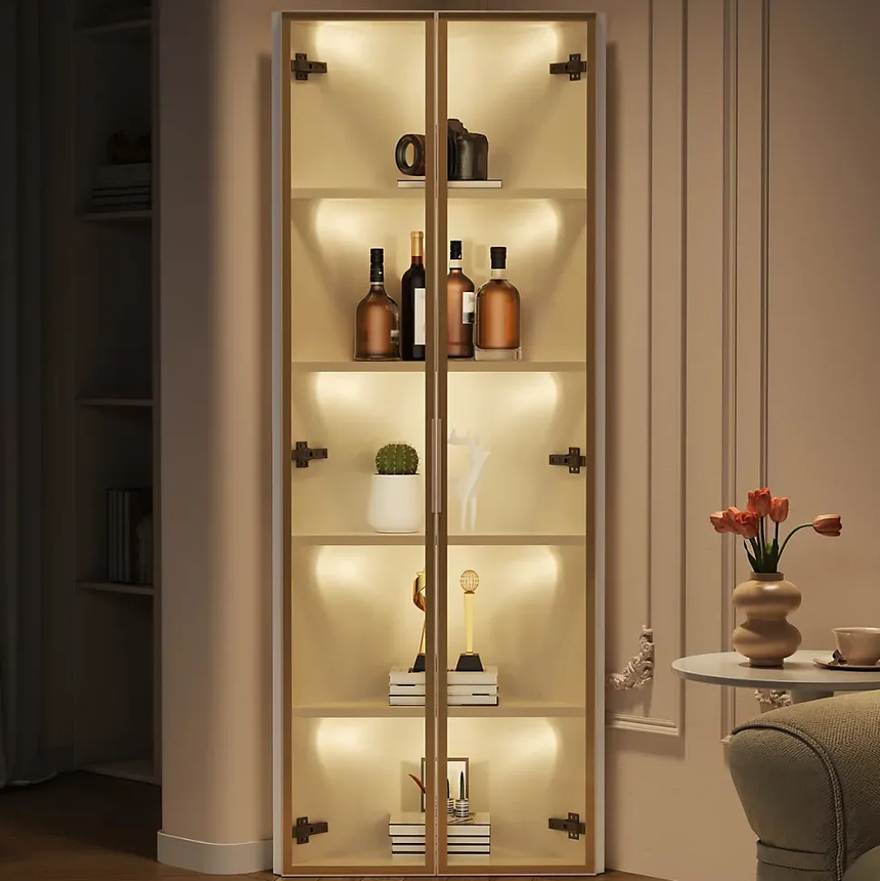 Vitrine d'angle 62x35x160 cm - Avec éclairage LED - 2 portes en verre trempé - Design d'angle - MDF+verre - Blanc