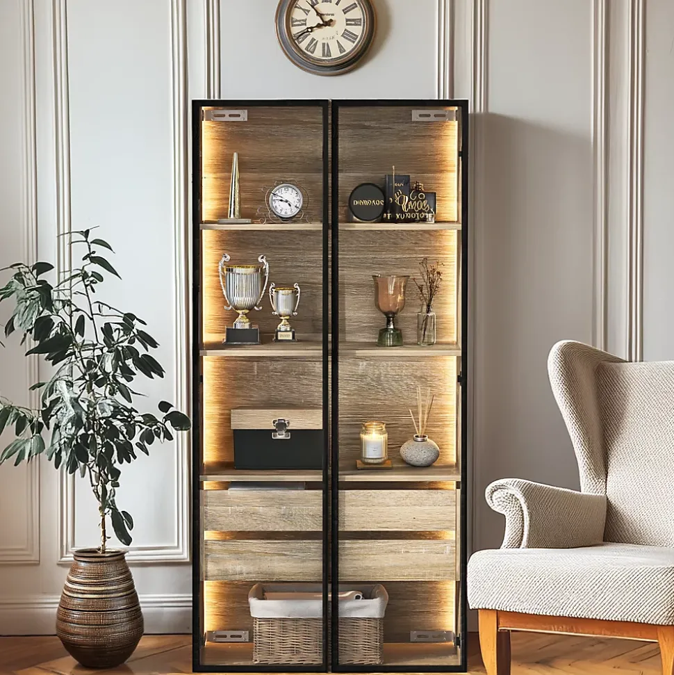 Vitrine de Salle de Bain avec Éclairage LED, 2 Portes Vitrées et 2 Tiroirs, Meuble de Rangement en MDF, 74 x 36 x 155 cm - Naturel