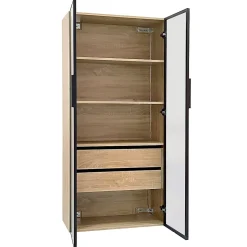 Vitrine de Salle de Bain avec Éclairage LED, 2 Portes Vitrées et 2 Tiroirs, Meuble de Rangement en MDF, 74 x 36 x 155 cm - Naturel