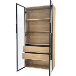 Vitrine de Salle de Bain avec Éclairage LED, 2 Portes Vitrées et 2 Tiroirs, Meuble de Rangement en MDF, 74 x 36 x 155 cm - Naturel