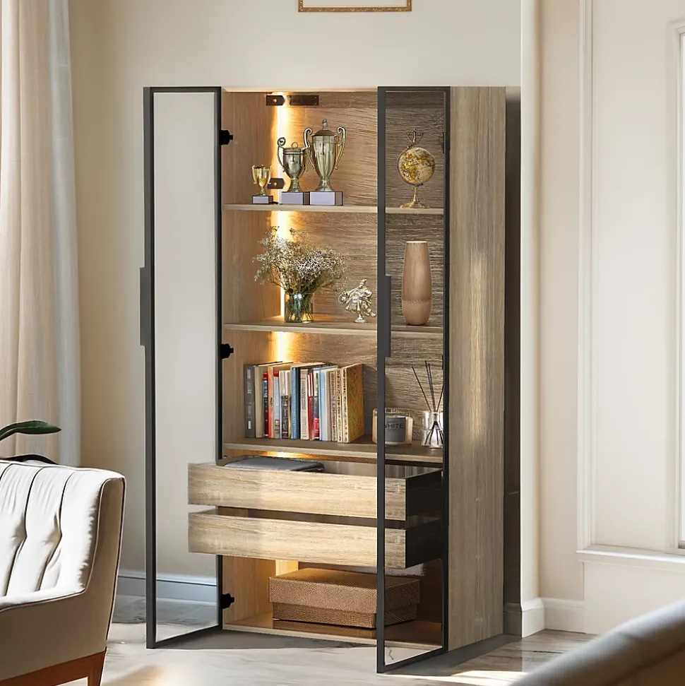 Vitrine de Salle de Bain avec Éclairage LED, 2 Portes Vitrées et 2 Tiroirs, Meuble de Rangement en MDF, 74 x 36 x 155 cm - Naturel