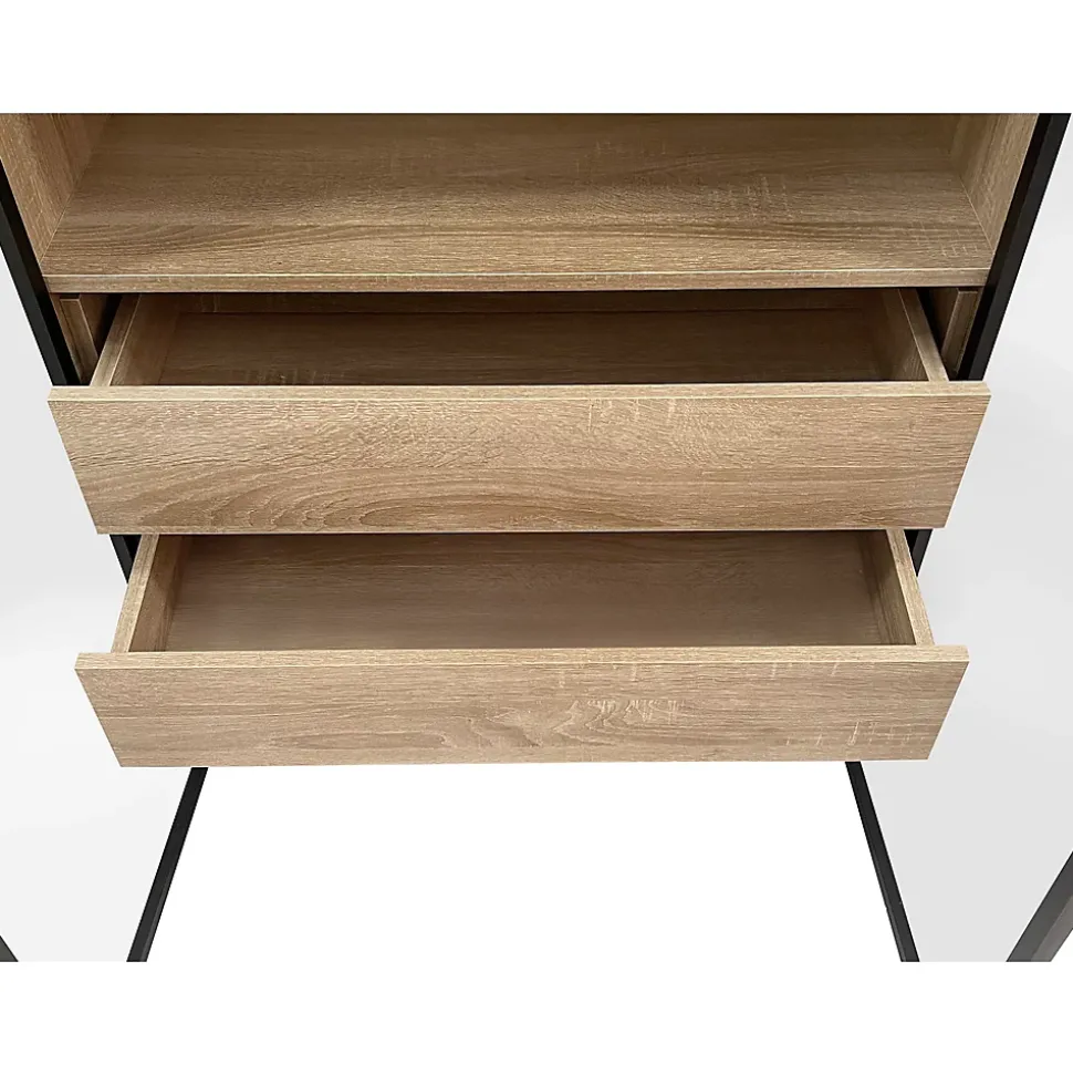 Vitrine de Salle de Bain avec Éclairage LED, 2 Portes Vitrées et 2 Tiroirs, Meuble de Rangement en MDF, 74 x 36 x 155 cm - Naturel