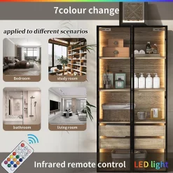 Vitrine de Salle de Bain avec Éclairage LED, 2 Portes Vitrées et 2 Tiroirs, Meuble de Rangement en MDF, 74 x 36 x 155 cm - Naturel