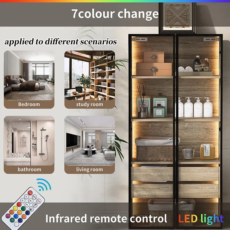 Vitrine de Salle de Bain avec Éclairage LED, 2 Portes Vitrées et 2 Tiroirs, Meuble de Rangement en MDF, 74 x 36 x 155 cm - Naturel