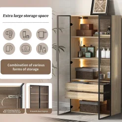 Vitrine de Salle de Bain avec Éclairage LED, 2 Portes Vitrées et 2 Tiroirs, Meuble de Rangement en MDF, 74 x 36 x 155 cm - Naturel