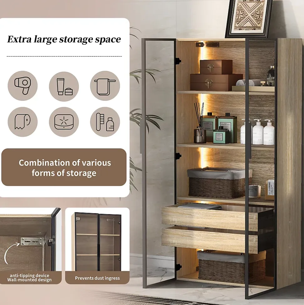 Vitrine de Salle de Bain avec Éclairage LED, 2 Portes Vitrées et 2 Tiroirs, Meuble de Rangement en MDF, 74 x 36 x 155 cm - Naturel