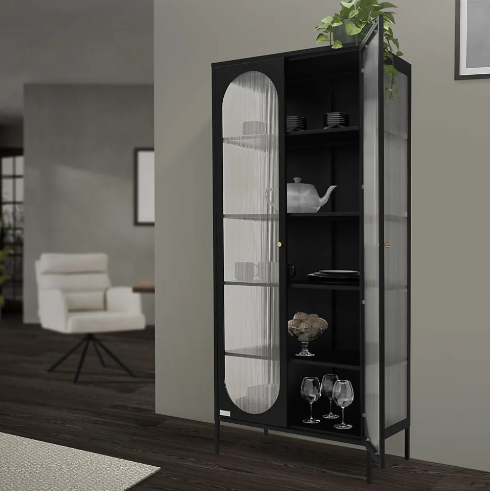 Vitrine de Salon 80x175x40 cm, Noir, Armoire avec 5 Compartiments de Rangement/Étagères et 2 Porte