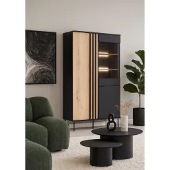 Vitrine design IZO 2 portes Noir onyx & Chene clair 110x195x40 cm