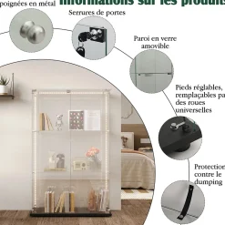 Vitrine d'exposition à 3 niveaux avec double porte en verre trempé, fond noir et éclairage LED intégré, Armoire vitrée moderne