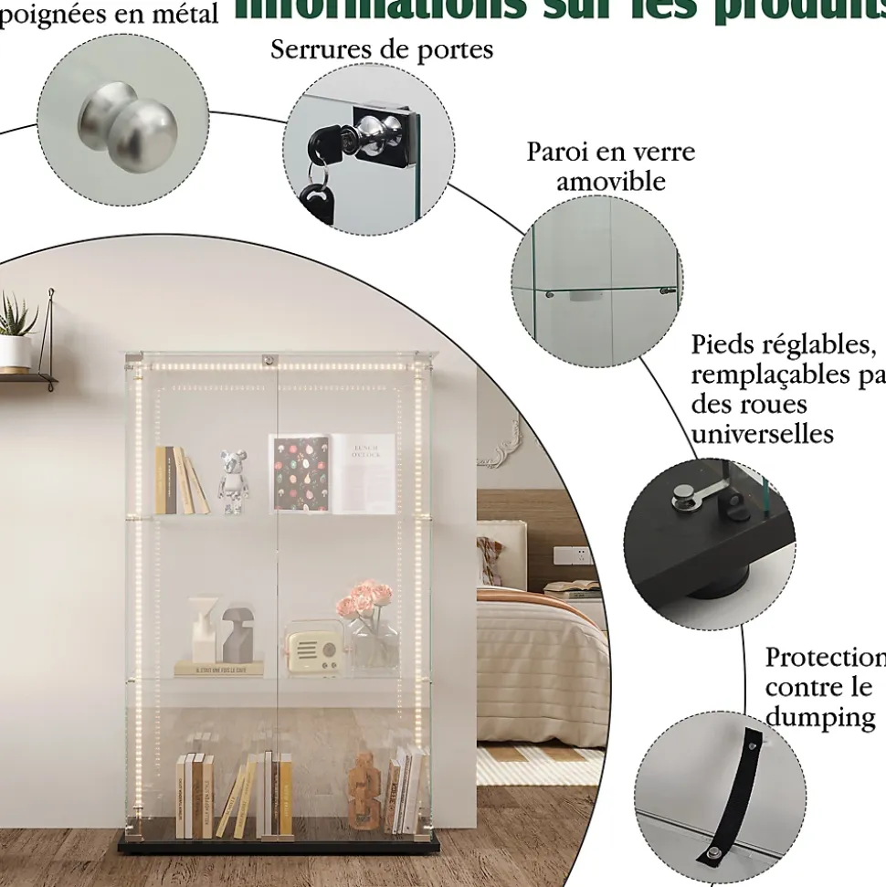 Vitrine d'exposition à 3 niveaux avec double porte en verre trempé, fond noir et éclairage LED intégré, Armoire vitrée moderne
