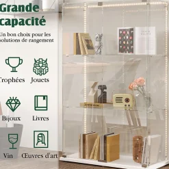 Vitrine d'exposition à 3 niveaux avec double porte en verre trempé, fond blanc et éclairage LED intégré, Armoire vitrée moderne