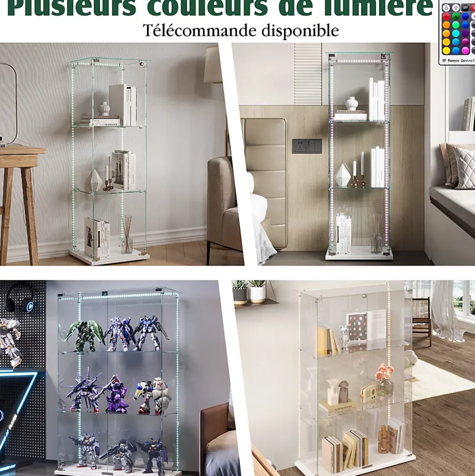 Vitrine d'exposition à 3 niveaux avec double porte en verre trempé, fond blanc et éclairage LED intégré, Armoire vitrée moderne