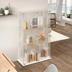 Vitrine d'exposition à 3 niveaux avec double porte en verre trempé, fond blanc et éclairage LED intégré, Armoire vitrée moderne