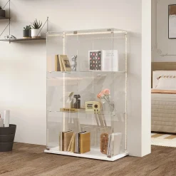 Vitrine d'exposition à 3 niveaux avec double porte en verre trempé, fond blanc et éclairage LED intégré, Armoire vitrée moderne