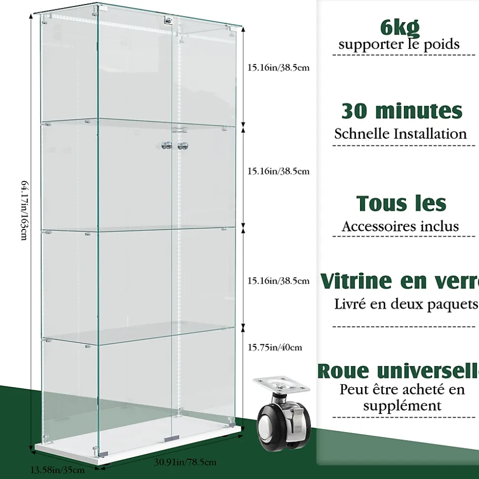 Vitrine d'exposition à double porte 4 niveaux avec LED intégrée, fond blanc, verre trempé transparent, Design moderne et lumineux