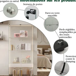 Vitrine d'exposition à double porte 4 niveaux avec LED intégrée, fond blanc, verre trempé transparent, Design moderne et lumineux