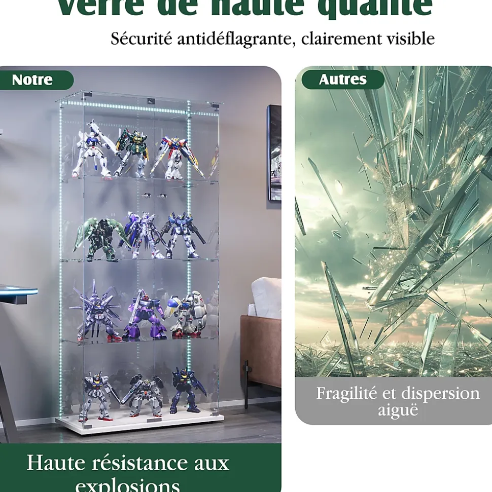 Vitrine d'exposition à double porte 4 niveaux avec LED intégrée, fond blanc, verre trempé transparent, Design moderne et lumineux