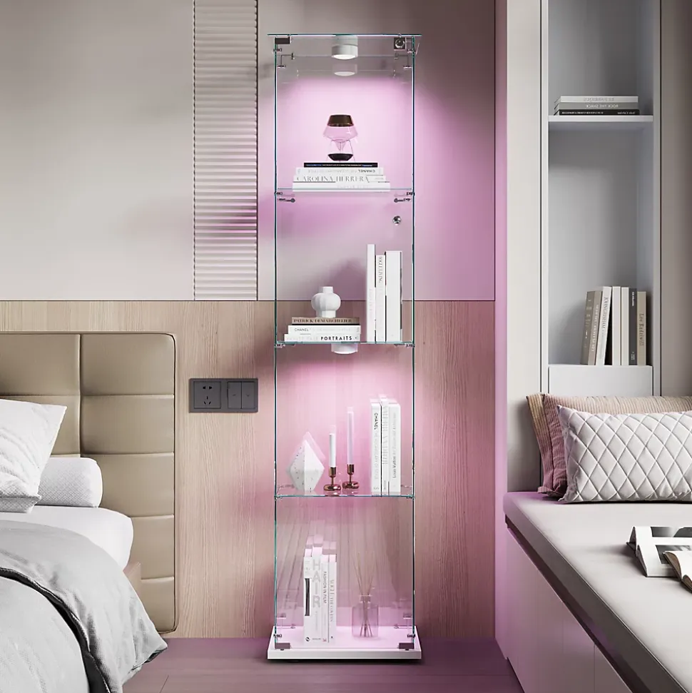 Vitrine d'exposition 4 niveaux avec éclairage LED tactile, verre trempé, étagères blanches, design moderne et compact, Blanc