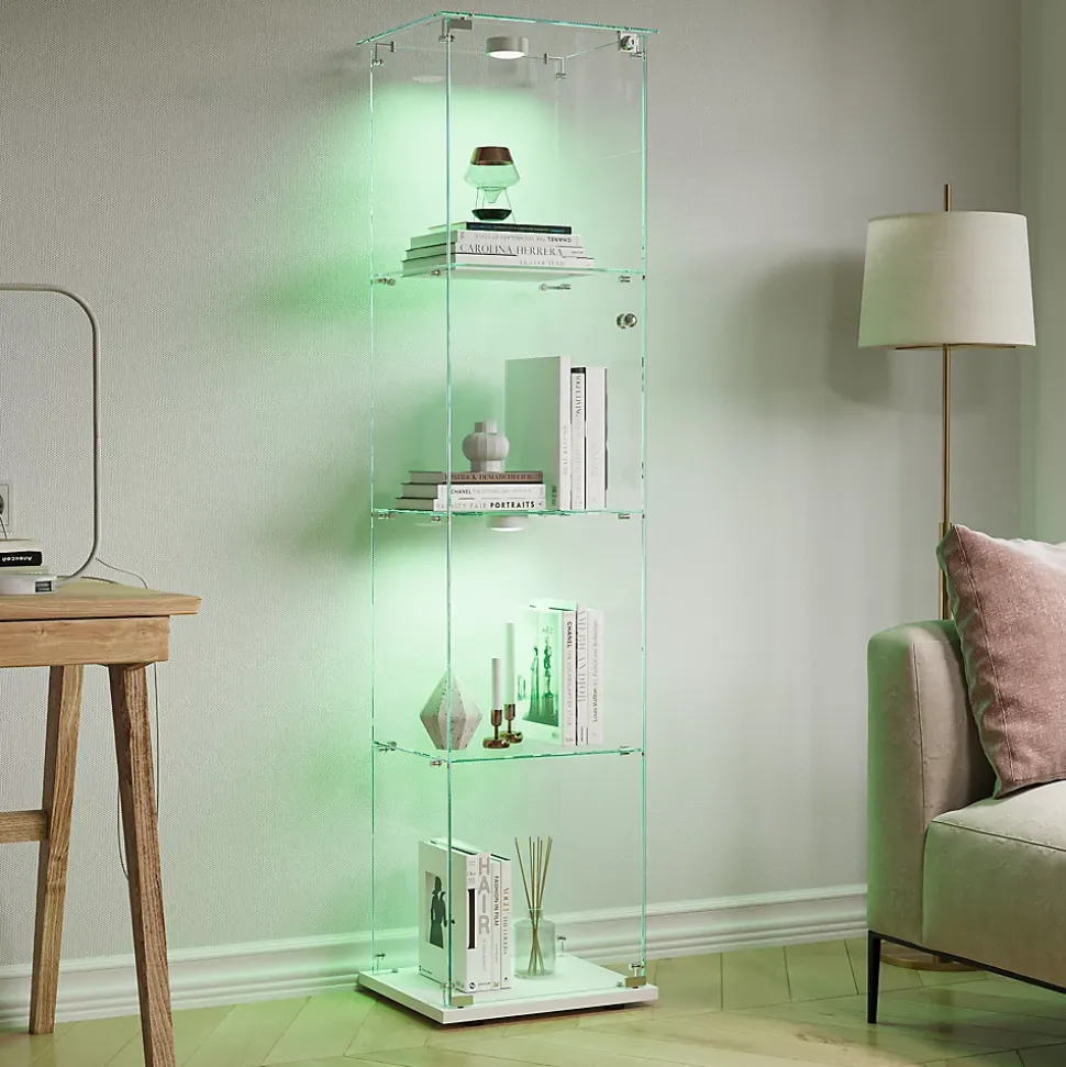 Vitrine d'exposition 4 niveaux avec éclairage LED tactile, verre trempé, étagères blanches, design moderne et compact, Blanc