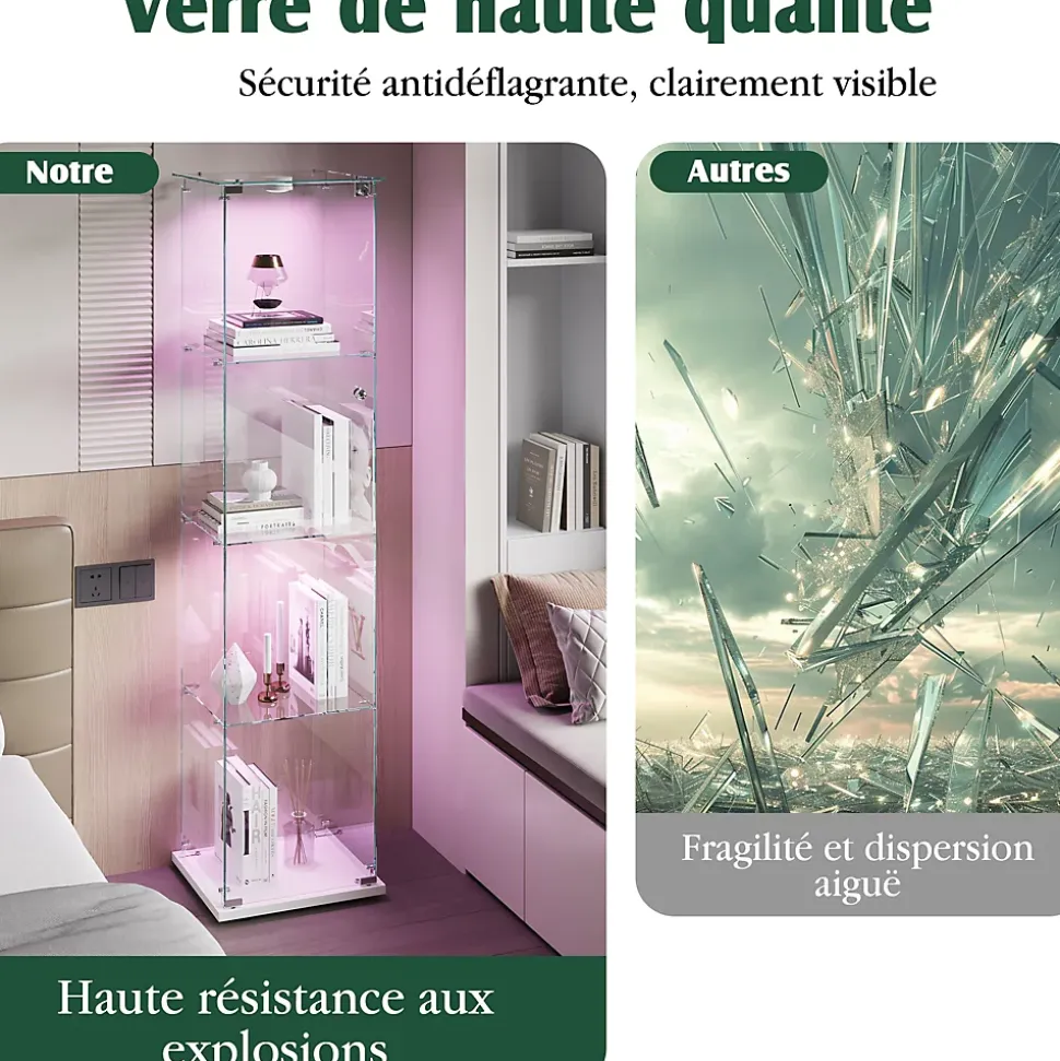 Vitrine d'exposition 4 niveaux avec éclairage LED tactile, verre trempé, étagères blanches, design moderne et compact, Blanc