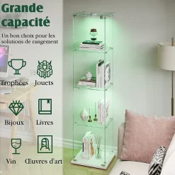 Vitrine d'exposition 4 niveaux avec éclairage LED tactile, verre trempé, étagères blanches, design moderne et compact, Blanc