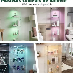 Vitrine d'exposition 4 niveaux avec éclairage LED tactile, verre trempé, étagères blanches, design moderne et compact, Blanc