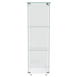 Vitrine d'exposition 3 niveaux avec porte simple et éclairage LED intégré, verre trempé, étagères blanches, design moderne, Blanc