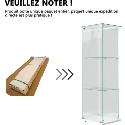 Vitrine d'exposition 3 niveaux avec porte simple et éclairage LED intégré, verre trempé, étagères blanches, design moderne, Blanc
