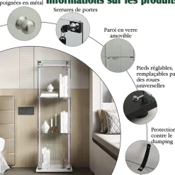 Vitrine d'exposition 3 niveaux avec porte simple et éclairage LED intégré, verre trempé, étagères blanches, design moderne, Blanc