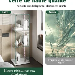 Vitrine d'exposition 3 niveaux avec porte simple et éclairage LED intégré, verre trempé, étagères blanches, design moderne, Blanc