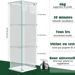 Vitrine d'exposition 3 niveaux avec porte simple et éclairage LED intégré, verre trempé, étagères blanches, design moderne, Blanc