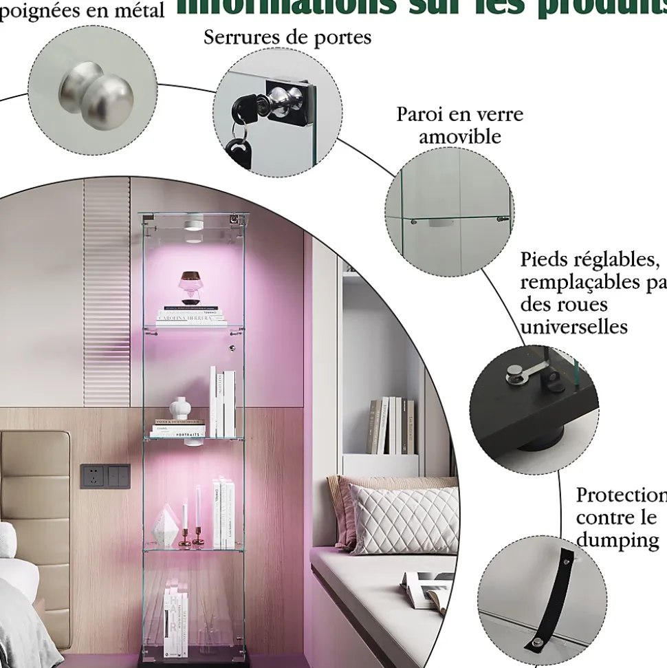 Vitrine d'exposition 4 niveaux avec éclairage LED tactile, verre trempé, étagères noires, design moderne et compact, Noir