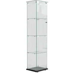 Vitrine d'exposition 4 niveaux avec éclairage LED tactile, verre trempé, étagères noires, design moderne et compact, Noir