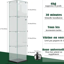 Vitrine d'exposition 4 niveaux avec éclairage LED tactile, verre trempé, étagères noires, design moderne et compact, Noir