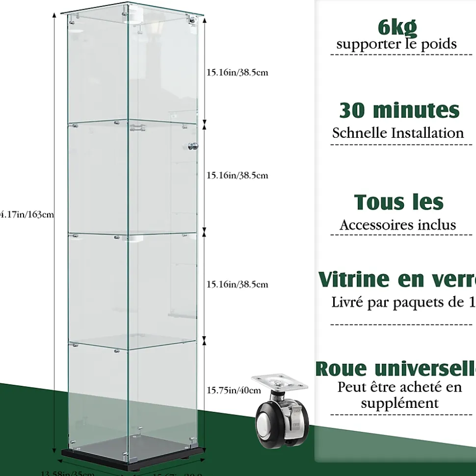 Vitrine d'exposition 4 niveaux avec éclairage LED tactile, verre trempé, étagères noires, design moderne et compact, Noir