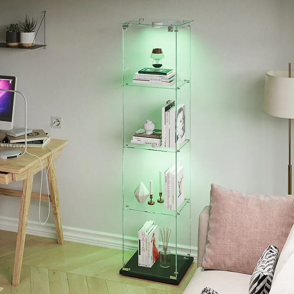 Vitrine d'exposition 4 niveaux avec éclairage LED tactile, verre trempé, étagères noires, design moderne et compact, Noir
