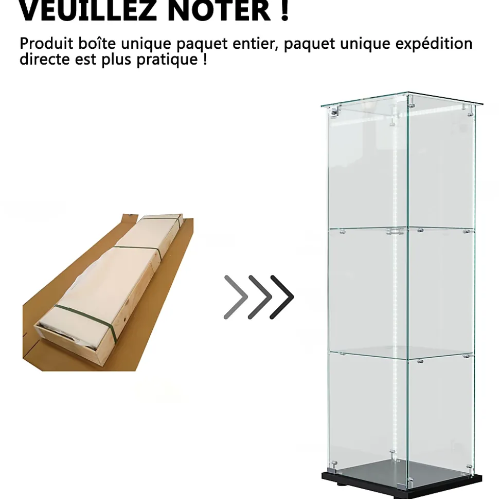 Vitrine d'exposition 3 niveaux avec porte simple et éclairage LED intégré, verre trempé, étagères noires, design moderne, Noir