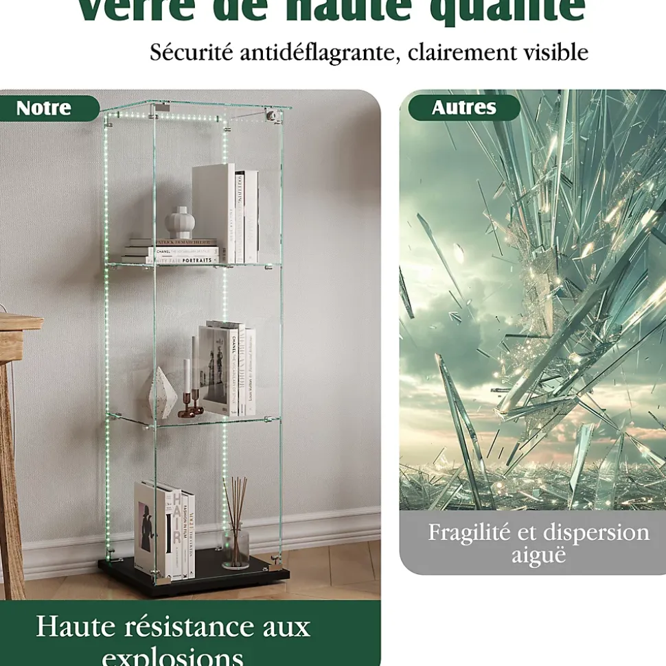 Vitrine d'exposition 3 niveaux avec porte simple et éclairage LED intégré, verre trempé, étagères noires, design moderne, Noir