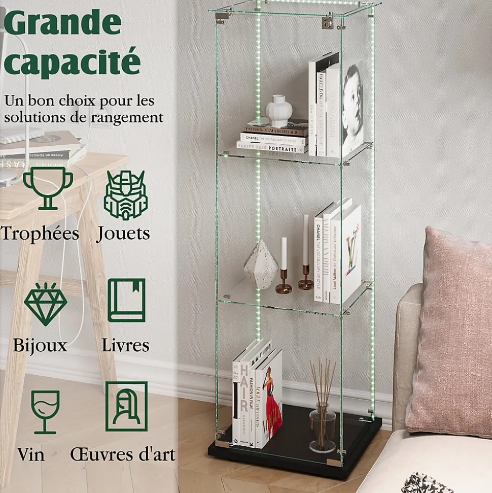Vitrine d'exposition 3 niveaux avec porte simple et éclairage LED intégré, verre trempé, étagères noires, design moderne, Noir